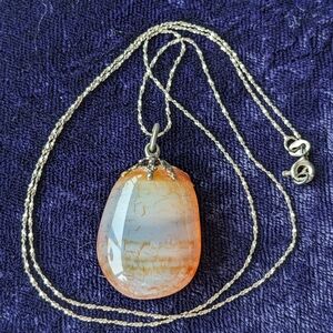 Vintage 925 Sterling Silver Necklace With Natural Agate Gemstone